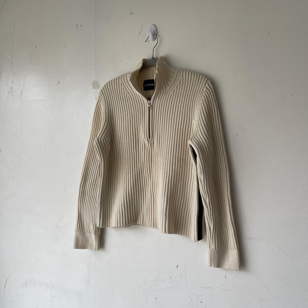Calvin Klein Jeans Cream Black Striped Ribbed Wool 1/4 Zip Sweater Top Size L